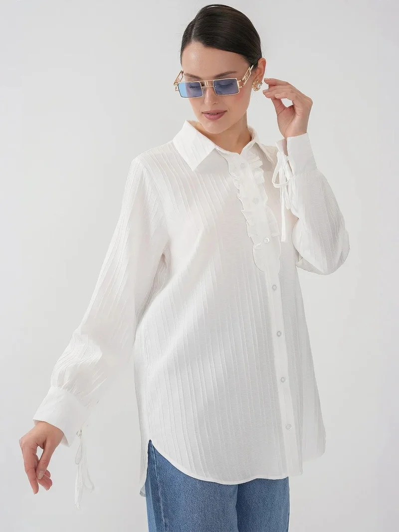 Big Dart White BDART Ruffle Detailed Textured Shirt for Women | Best Price UAE